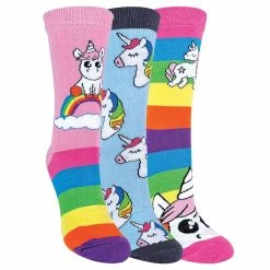 Sock Snob Childrens Girls 3 Pack Mythical Unicorn Striped Rainbow Theme Socks - Pink