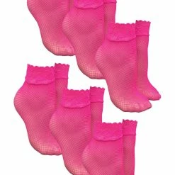 6 Pair Multipack Ladies Fishnet Ankle Socks | Sock Snob | Stylish Designed Short Lace Socks for Women - Pink