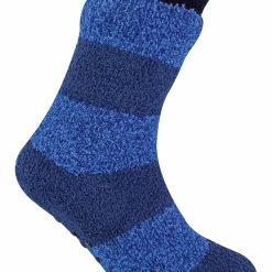 Sock Snob Mens Non Slip Thermal Striped Slipper Socks | Bootie Style | Fleece Lined - Navy / Blue