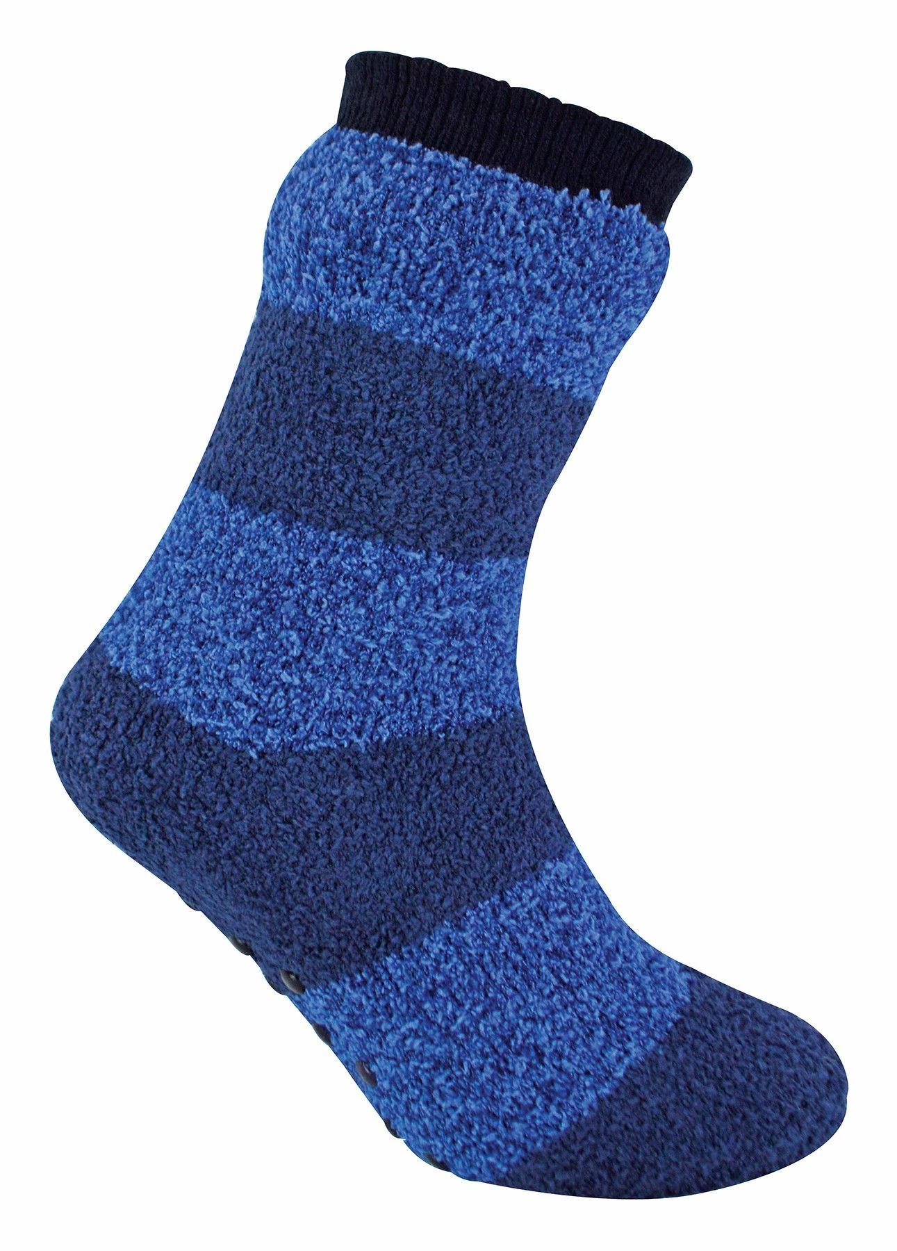Sock Snob Mens Non Slip Thermal Striped Slipper Socks | Bootie Style | Fleece Lined - Navy / Blue