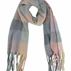 Sock Snob Ladies Chunky Knit Plaid Patterned Fashion Scarf | Long Shawl | Winter Warm - Pink / Grey - Multicolour
