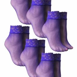 6 Pair Multipack Ladies Fishnet Ankle Socks | Sock Snob | Stylish Designed Short Lace Socks for Women - Purple