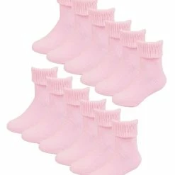Baby Cotton Turn Over Top Socks | 6 Pair Pack | Sock Snob | Plain Funny Socks for Boy and Girl - Pink