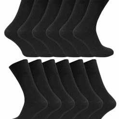 12 Pair Multipack Mens 100% Cotton Diabetic Friendly Socks | Sock Snob | Ribbed Non Elastic Loose Wide Top Socks - TSFD01 - Black