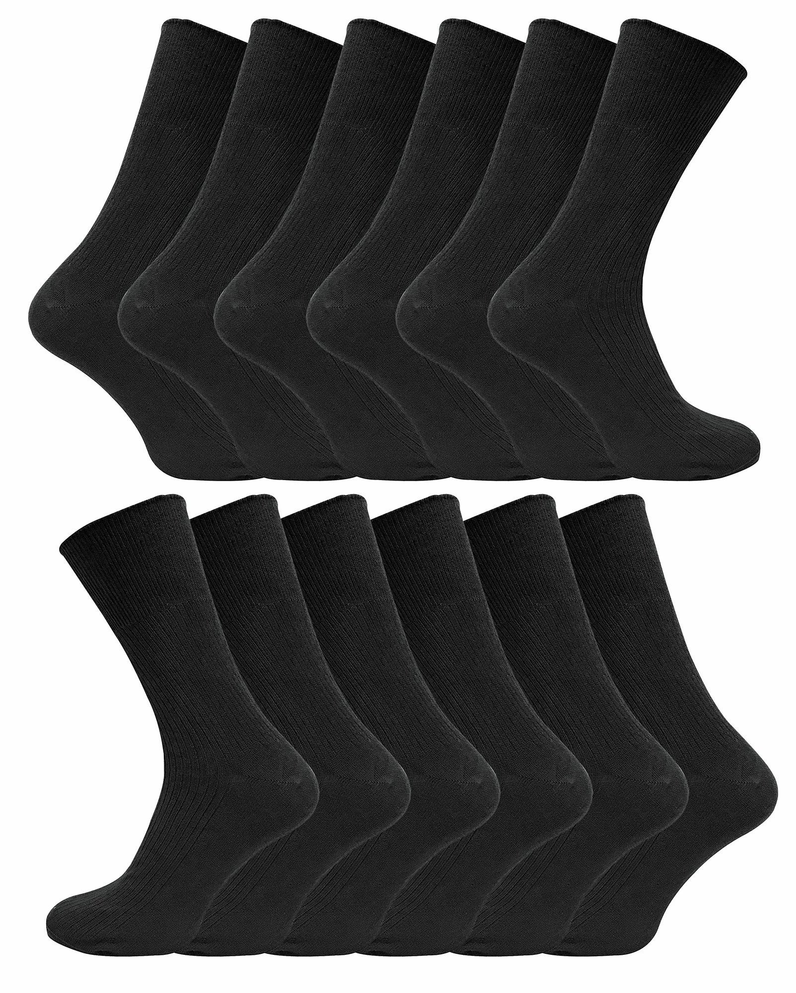 12 Pair Multipack Mens 100% Cotton Diabetic Friendly Socks | Sock Snob | Ribbed Non Elastic Loose Wide Top Socks - TSFD01 - Black