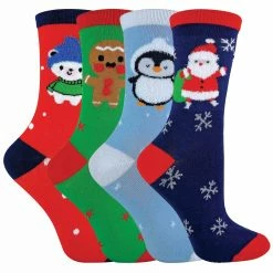 Sock Snob Kids/Childrens 4 Pack Thin Cotton Rich Xmas Christmas Socks 3 Sizes - Multicolour
