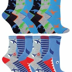 12 Pair Multipack Kids Novelty Bamboo Trainer Socks | Sock Snob | Breathable Low Cut Socks with Fun Designs - Pack 1 (Sharks & Dinosaurs) - Multicolour