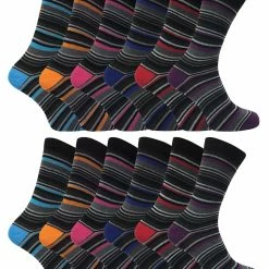 12 Pair Multipack Mens Cotton Striped Socks | SOCK SNOB | 12 Pair Multipack | Orange Purple Pink Blue & Red Striped Socks - Assorted - Multicolour