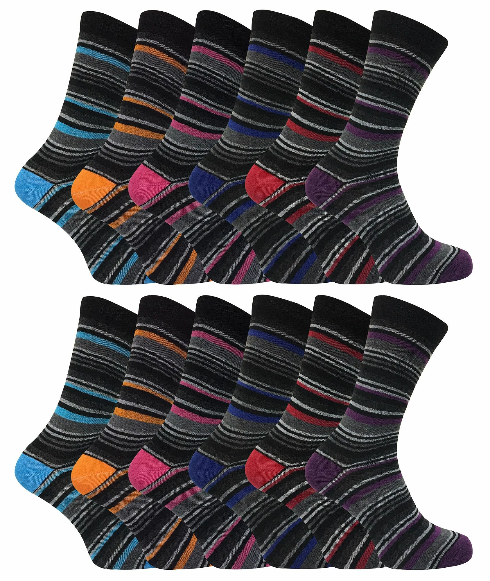 12 Pair Multipack Mens Cotton Striped Socks | SOCK SNOB | 12 Pair Multipack | Orange Purple Pink Blue & Red Striped Socks - Assorted - Multicolour