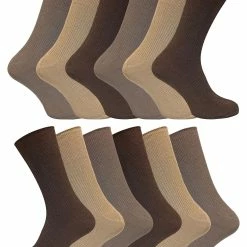 12 Pair Multipack Mens 100% Cotton Diabetic Friendly Socks | Sock Snob | Ribbed Non Elastic Loose Wide Top Socks - TSFD03 - Brown