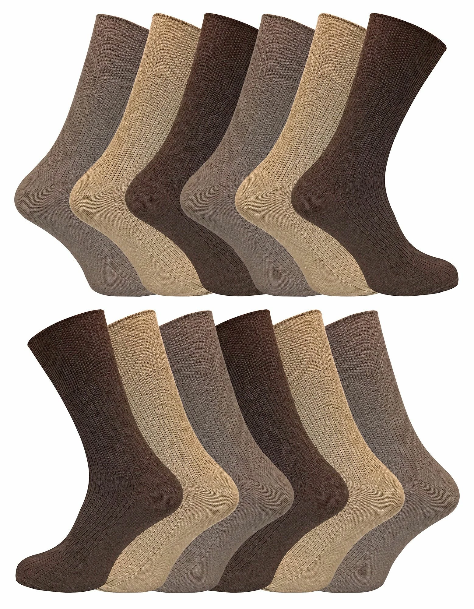 12 Pair Multipack Mens 100% Cotton Diabetic Friendly Socks | Sock Snob | Ribbed Non Elastic Loose Wide Top Socks - TSFD03 - Brown
