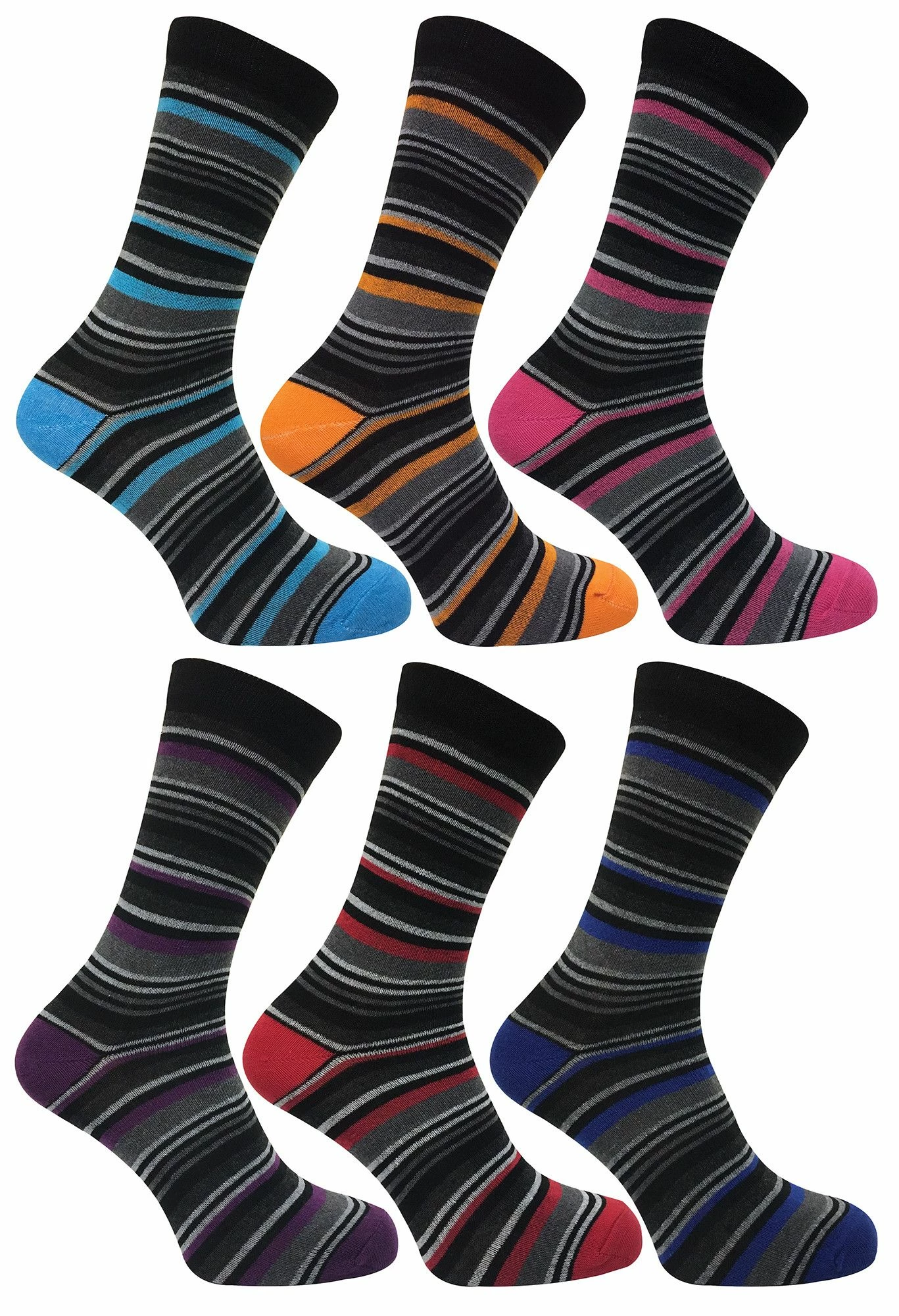 12 Pair Multipack Mens Cotton Striped Socks | SOCK SNOB | 12 Pair Multipack | Orange Purple Pink Blue & Red Striped Socks - Assorted - Multicolour - Image 2