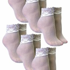 6 Pair Multipack Ladies Fishnet Ankle Socks | Sock Snob | Stylish Designed Short Lace Socks for Women - White