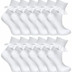 12 Pair Multipack White Frilly Lace Socks | 7 Sizes | Sock Snob | Girls Cute Cotton Rich School Socks - White