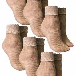 6 Pair Multipack Ladies Fishnet Ankle Socks | Sock Snob | Stylish Designed Short Lace Socks for Women - Natural - Beige