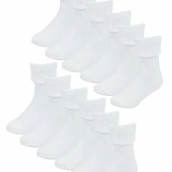 Baby Cotton Turn Over Top Socks | 6 Pair Pack | Sock Snob | Plain Funny Socks for Boy and Girl - White