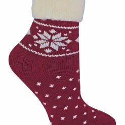 Ladies Wool Bed Socks with Fairisle Design | Sock Snob | Thermal Lounge Socks for Winter | Used for Boots, Sleep, Outdoors or as a Gift | Xmas Christmas Designs - Red