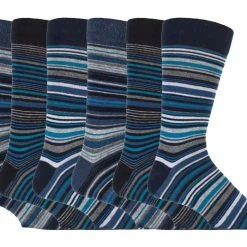 Sock Snob Men's 6 pack colourful striped patterned dress cotton socks in 7 styles - Blue