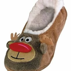 Sock Snob Ladies Knitted Santa Rudolph Christmas Slippers with Non Slip Sole - Brown