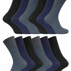 12 Pair Multipack Mens 100% Cotton Diabetic Friendly Socks | Sock Snob | Ribbed Non Elastic Loose Wide Top Socks - TSFD02 - Multicolour
