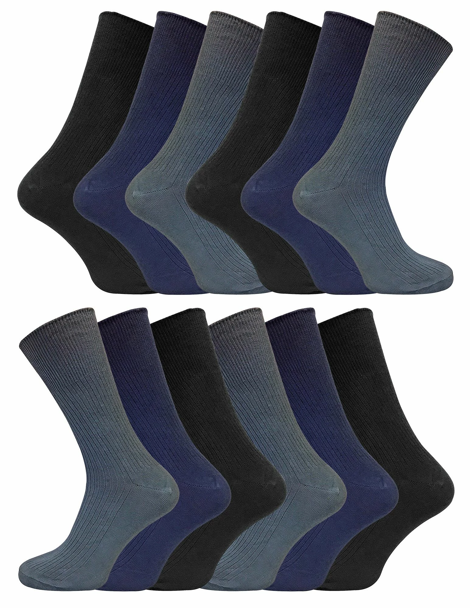 12 Pair Multipack Mens 100% Cotton Diabetic Friendly Socks | Sock Snob | Ribbed Non Elastic Loose Wide Top Socks - TSFD02 - Multicolour
