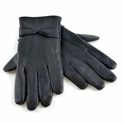 Sock Snob Ladies Women's Fleece Lined Warm Sheepskin Leather Gloves with Bow - Black