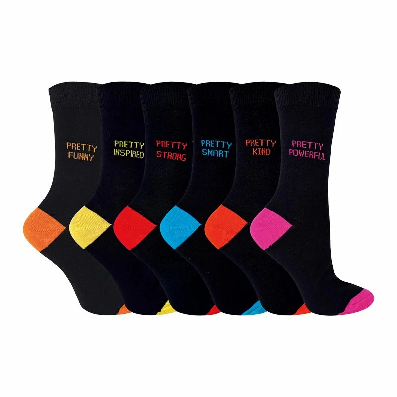 Sock Snob Pretty Women's 6 Pair Pack Socks Happy Colourful Kind Funny Socks - Black