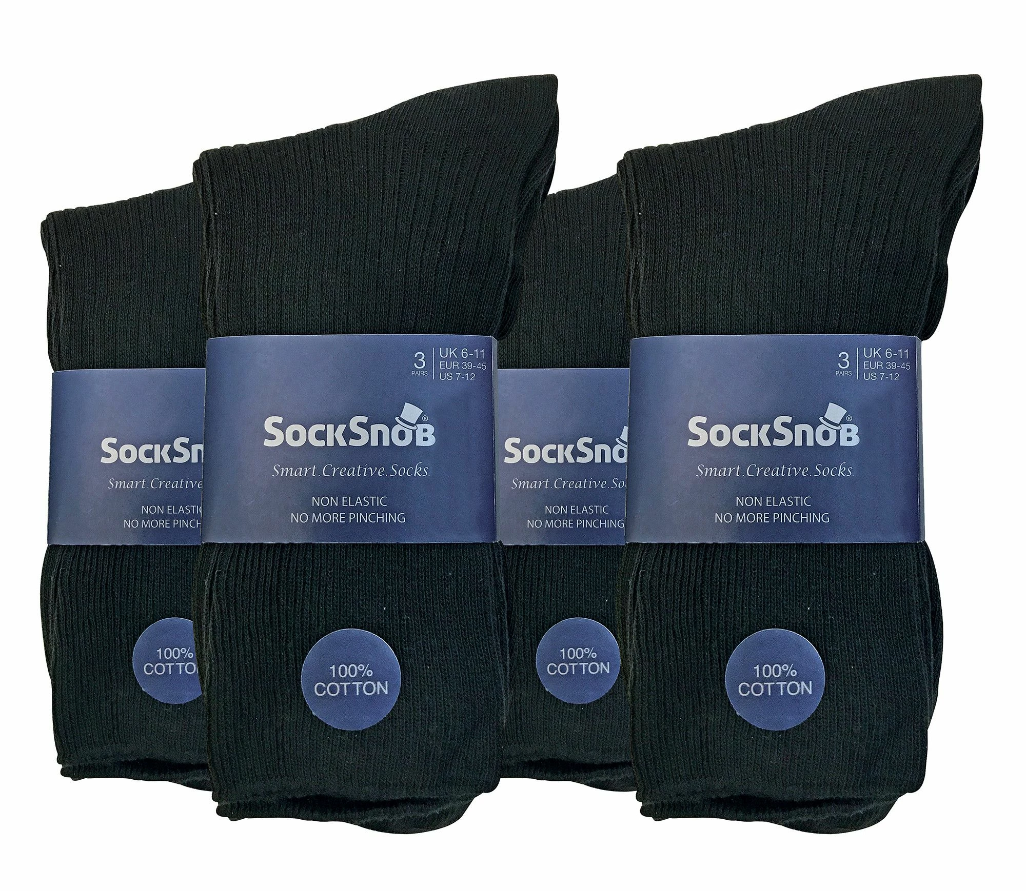 12 Pair Multipack Mens 100% Cotton Diabetic Friendly Socks | Sock Snob | Ribbed Non Elastic Loose Wide Top Socks - TSFD01 - Black - Image 2