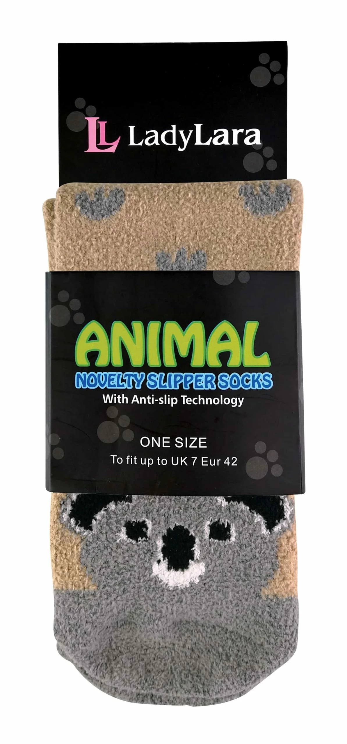 Sock Snob Ladies / Women's Fluffy Non Slip Slipper Socks with Animal Designs - Beige - Image 2