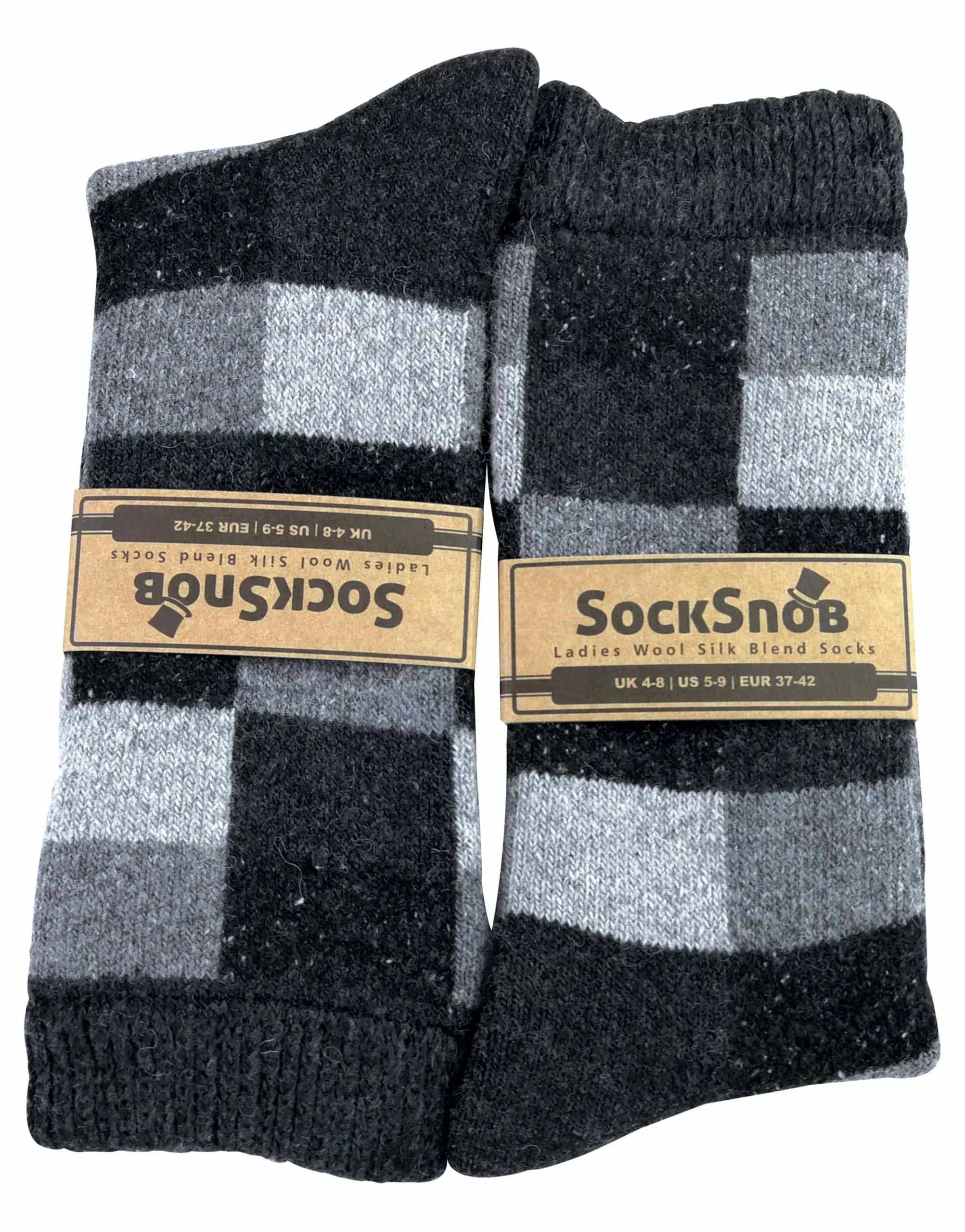 Sock Snob - Ladies Checkered Patterned Breathable Wool Blend Socks - Grey - Image 2