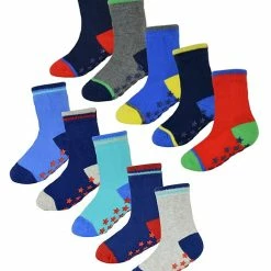Non-Slip Baby Boy Socks | 10 Pair Pack | Sock Snob | Soft Cotton Socks with Star Grippers - Style 2 - Multicolour